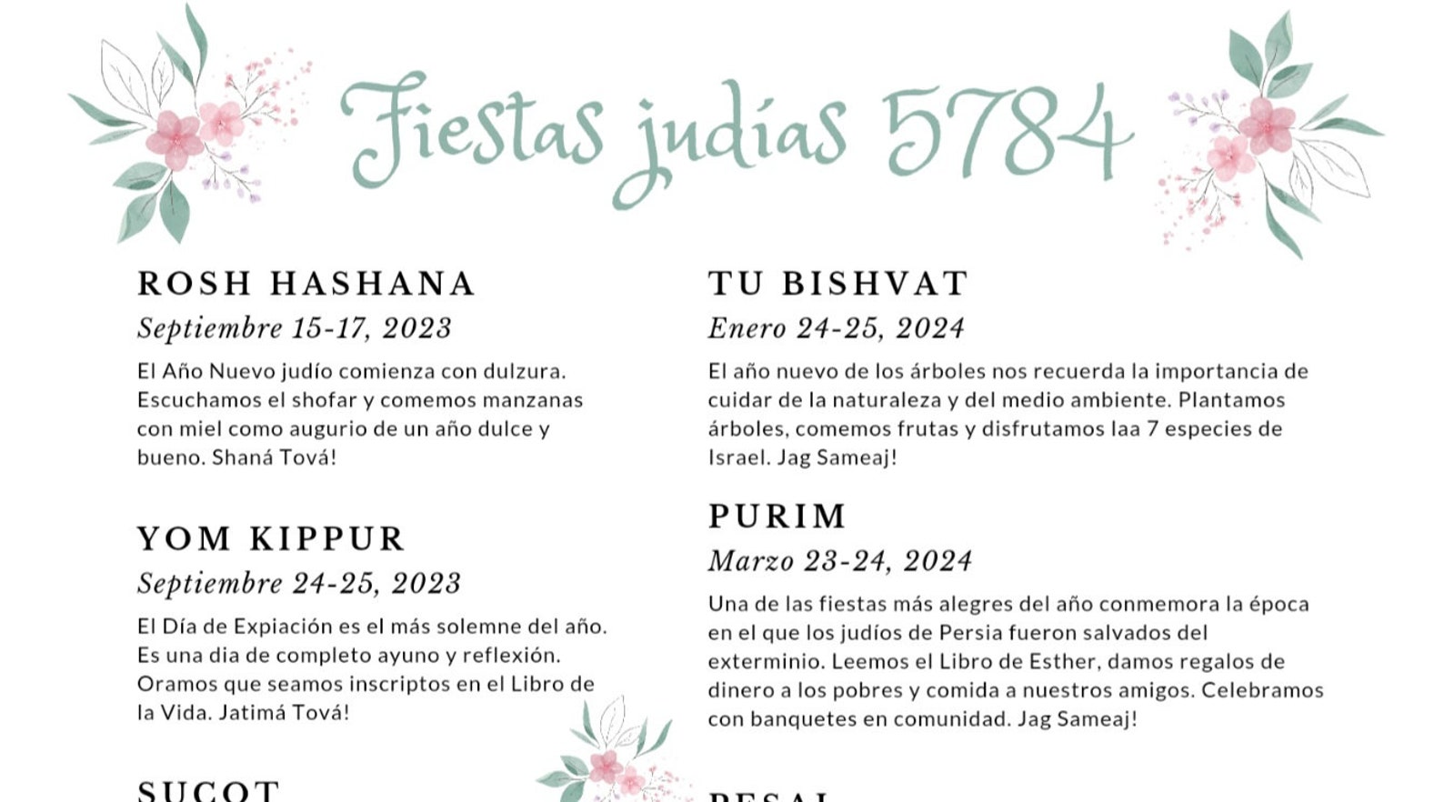 Calendario de Fiestas Judías 5874 20232024 para imprimir Etsy España