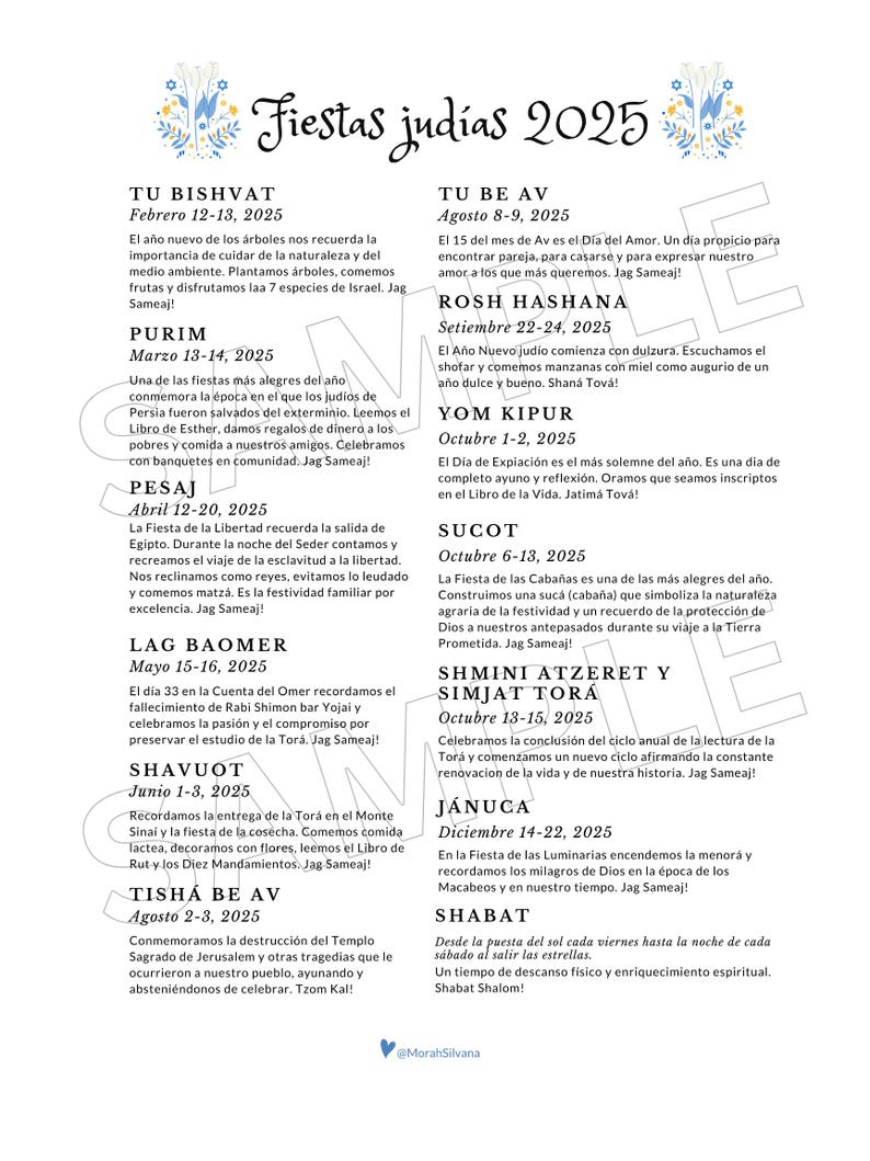 List of Jewish Holidays for 2025 to PRINT Etsy