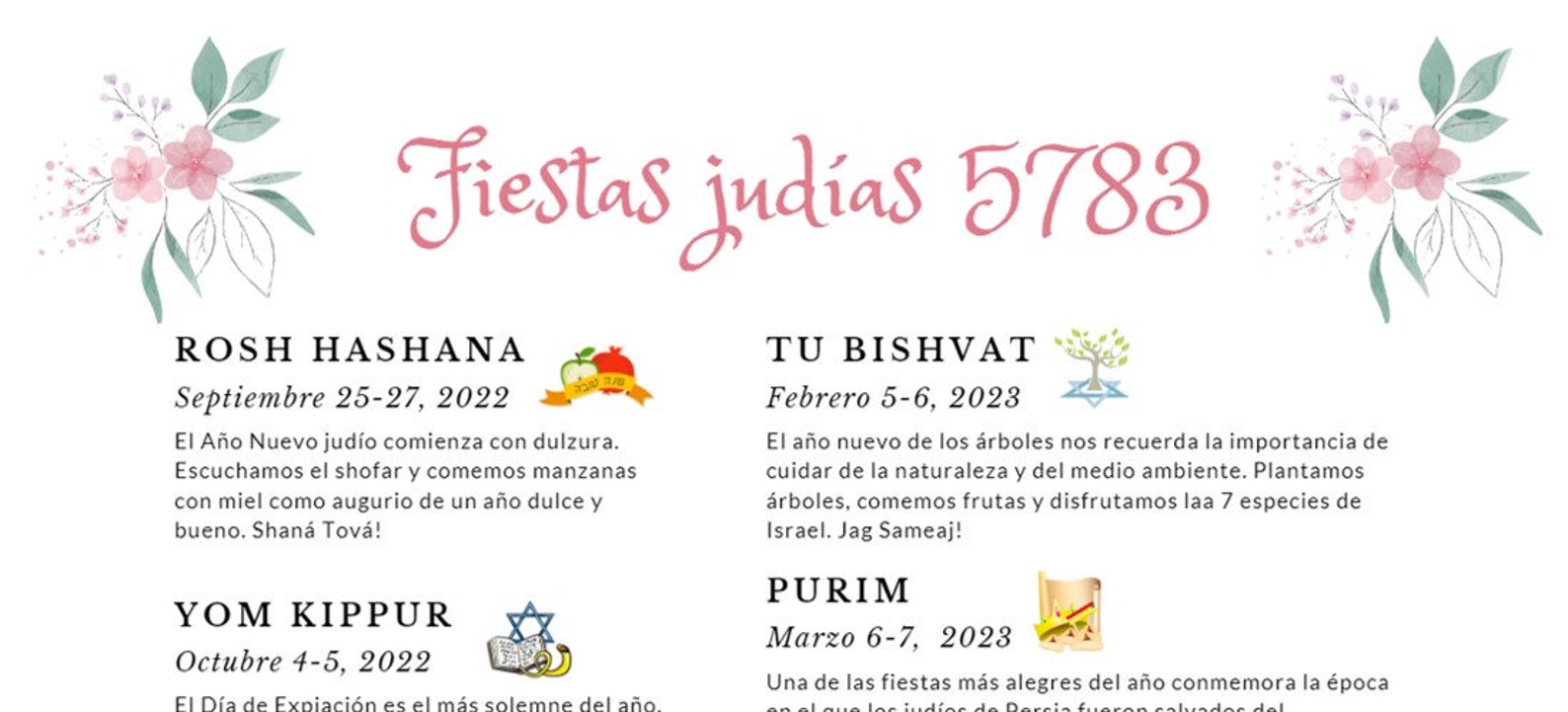 Calendario 5783 de Fiestas Judías 20222023 Etsy España
