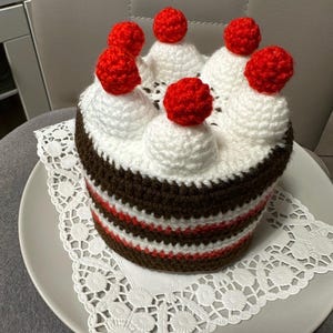 Könnte beinhalten: Gehäkelter Kuchen mit weißem Zuckerguss, roten kirschartigen Toppings und braunen und roten Streifen. Der Kuchen liegt auf einer weißen Spitze und einem grauen Teller. Das handgemachte Dessert ist ein einzigartiges Dekorationsstück.