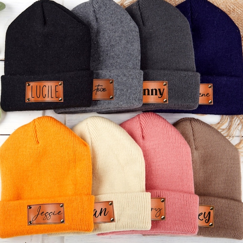 Custom Leather Patch Beanies Personalized Beanie Hats With Etsy