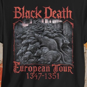 Black death metal shirt featuring a plague doctor and rats design, inspired by European tour aesthetics. Available in t-shirts, hoodies, sweatshirts, and long sleeves, perfect for doom metal, goth, and deathrock fans.