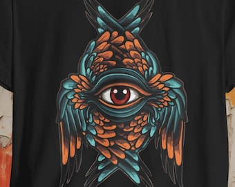 May include: Black t-shirt with a graphic of a large eye surrounded by orange and blue feathers. The text "CRYPTO" is printed on the shirt.