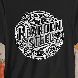 以下が含まれることがあります： 黒いTシャツに、白い円形のデザインのグラフィックがプリントされています。デザインには「REARDEN STEEL」という文字が書かれており、その周りを歯車やその他の工業的な要素が囲んでいます。Tシャツの上部中央には「CRYPTO」という文字が見えます。