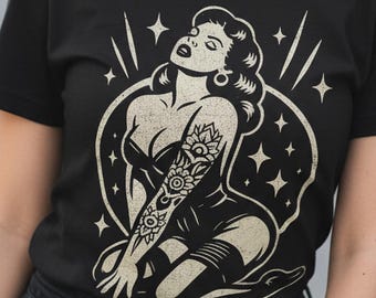 Pinup T-Shirt Rockabilly Girl Shirt Vintage Style Tee Black Tee Retro Graphic Tee 50s Fashion Tee Gift For Rockabilly Fan