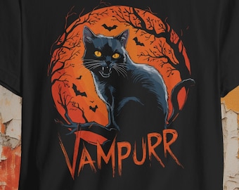 Vampurr Cat T-shirt | Horror Cat Tee | Bella + Canvas Unisex | Funny Graphic | Vampire Kitty Shirt | Halloween Cat Design | Gothic Cat Gift