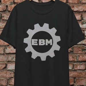 May include: Black t-shirt with a white gear graphic and the text "EBM" inside the gear.