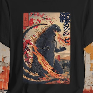 Japanese Godzilla Woodblock Style Shirt | Bella + Canvas Unisex Tee | Retro Horror Monster T-shirt | Kaiju Fan Top | Unique Gift Idea