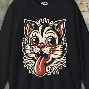 Old School American Traditional Cat Sweatshirt | Soft Cotton Tattoo | Cat Lover Punk Gift | Vintage Tattoo Art Fashion | Retro Rockabilly
