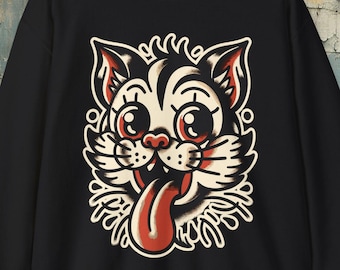 Old School American Traditional Cat Sweatshirt | Soft Cotton Tattoo | Cat Lover Punk Gift | Vintage Tattoo Art Fashion | Retro Rockabilly