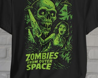 Zombies From Outer Space T-Shirt Retro Horror Sci Fi Tee Vintage Alien Zombie Shirt Black Tee B Movie Style Gift For Horror Fan