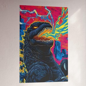 Psychedelic Godzilla Poster Trippy Monster Wall Art Black Kaiju Print Retro Sci Fi Decor Rave Art Style Gift For Godzilla Fan