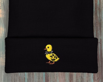 Punk Duck Beanie Embroidered Knit Hat Funny Animal Hat Black Winter Hat Alt Style Gift For Duck Lover Punk Fan Cute Chaos Aesthetic