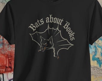 Bats About Books Shirt Gothic Book Tee Distressed Graphic Black Tee Bat Reading Shirt Goth Style Horror Reader Tee Gift For Bookworm