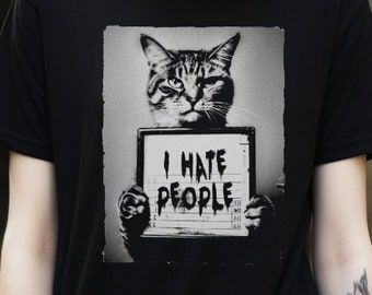 Grumpy Cat Mugshot Soft Cotton Tee - 2 Colors - Punk Goth Enthusiasts - Unique Antisocial Design - Comfortable & Durable - I Hate People