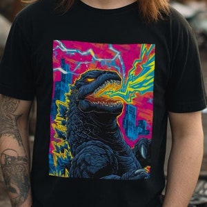 Godzilla Shirt Retro Movie Shirt Kaiju Monster Tee Vintage Godzilla Tee Pop Art Gift For Monster Fan XS-5X Unisex Ladies Long Sleeve Hoodie