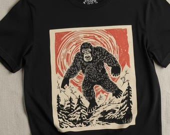Bigfoot T-shirt Japanese Woodcut Sasquatch Yeti Tee Folklore Cryptid Hunter Shirt Unique Gift for Cryptid and Art Enthusiasts