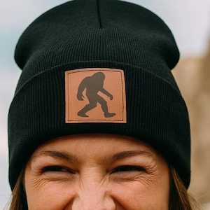 Bigfoot Pleather Patch Beanie Hat | Warm Winter Hat | Sasquatch Gift | Cryptid Lover Beanie | Cozy Bigfoot Hat for Outdoor Adventures