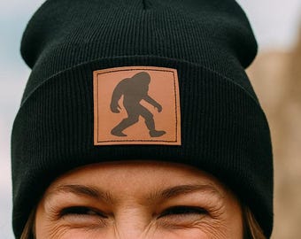 Bigfoot Pleather Patch Beanie Hat | Warm Winter Hat | Sasquatch Gift | Cryptid Lover Beanie | Cozy Bigfoot Hat for Outdoor Adventures
