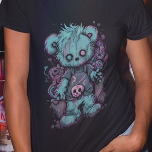 Pastel Goth Teddy Bear T-Shirt | Punk Goth Ladies Apparel | Womens Cute Dark Kawaii Tee | E-girl Grunge Aesthetic Top | Soft Edgy Fashion