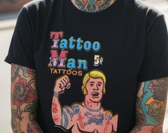 Tattoo Man T-Shirt Vintage Comic Shirt Flash Art Tee Black Tee Retro Style Sideshow Shirt Gift For Tattoo Lover Comic Fan Ink Collector