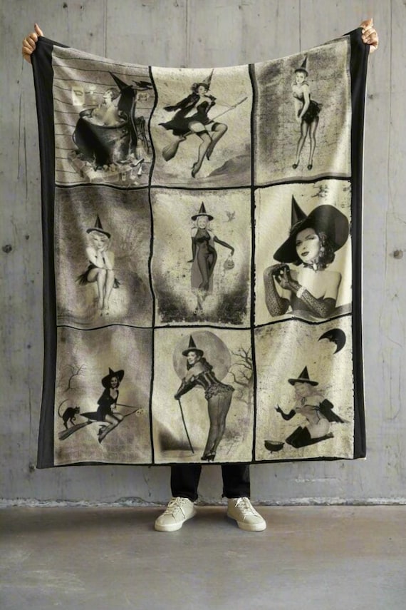 Vintage Witches Blanket, Cozy Throw, Velveteen Plush Blanket, Custom Print Blanket, Soft Blanket for Home, Witchy Gift, Home Decor Throw