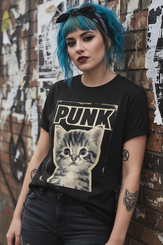 Punk Kitten T-shirt | Bella Canvas Shirt | Punk Rock Cat Kitty Tee | Feline Rebel Top | Goth Pet Lover Gift | Black Shirt Ladies Hoodie Tank