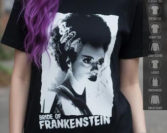 Bride of Frankenstein Shirt | Vintage Goth Style Tee | Horror Movie Top | Elsa Lanchester Graphic | Gift for Gothic Beauties | Black & White
