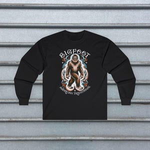 Bigfoot T Shirt Tattoo Style Shirt Traditional Sasquatch Tee Hoodie Long Sleeve Ladies Top Old School Cryptid Graphic Gift For Cryptid Fan Long Sleeve Tee
