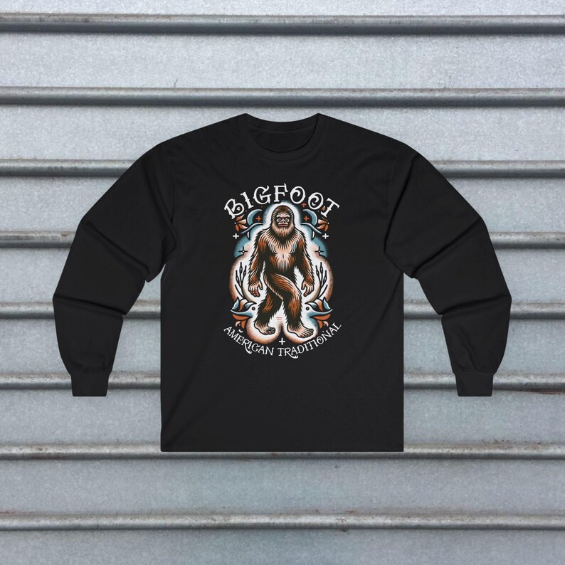 Bigfoot T Shirt Tattoo Style Shirt Traditional Sasquatch Tee Hoodie Long Sleeve Ladies Top Old School Cryptid Graphic Gift For Cryptid Fan Long Sleeve Tee