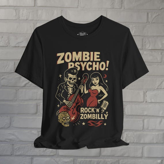 Psychobilly T-Shirt Zombie Rockabilly Tee Upright Bass Graphic Shirt Tee Horror Punk Gift For Fan  Unisex Ladies Long Sleeve Hoodie