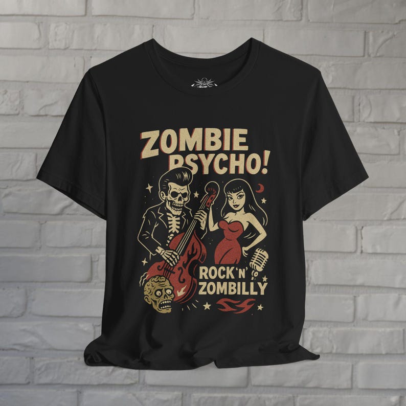Psychobilly T-Shirt Zombie Rockabilly Tee Upright Bass Graphic Shirt Tee Horror Punk Gift For Fan Unisex Ladies Long Sleeve Hoodie Heavy Classic Tee*