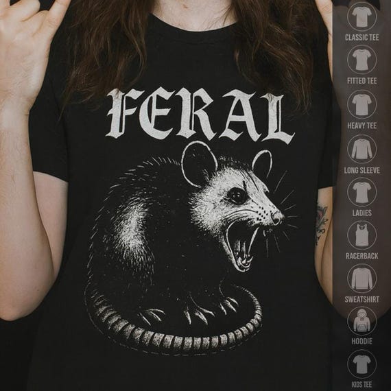 Feral Opossum T-Shirt Graphic Possum Shirt Black Tee Possum Shirt Goth Streetwear Metal Goth Punk Possum Unisex Ladies Long Sleeve Hoodie