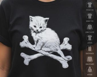Kitten and Crossbones T-Shirt | Gothic Cat Lover Unisex Tee | Goth Kitten Shirt for Feline Fans | Unique Gift for Cat Lovers, Edgy Style