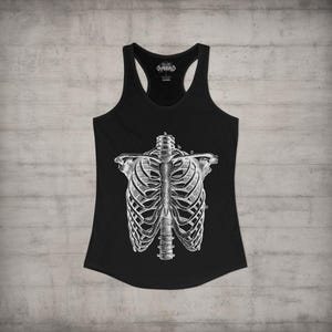 Horror T-shirt Skeleton Ribcage Metal Grunge Emo Alternative Goth Gothic Punk Tee Dark Aesthetic Spooky Skeleton Graphic Halloween Bones Racerback Tank Top