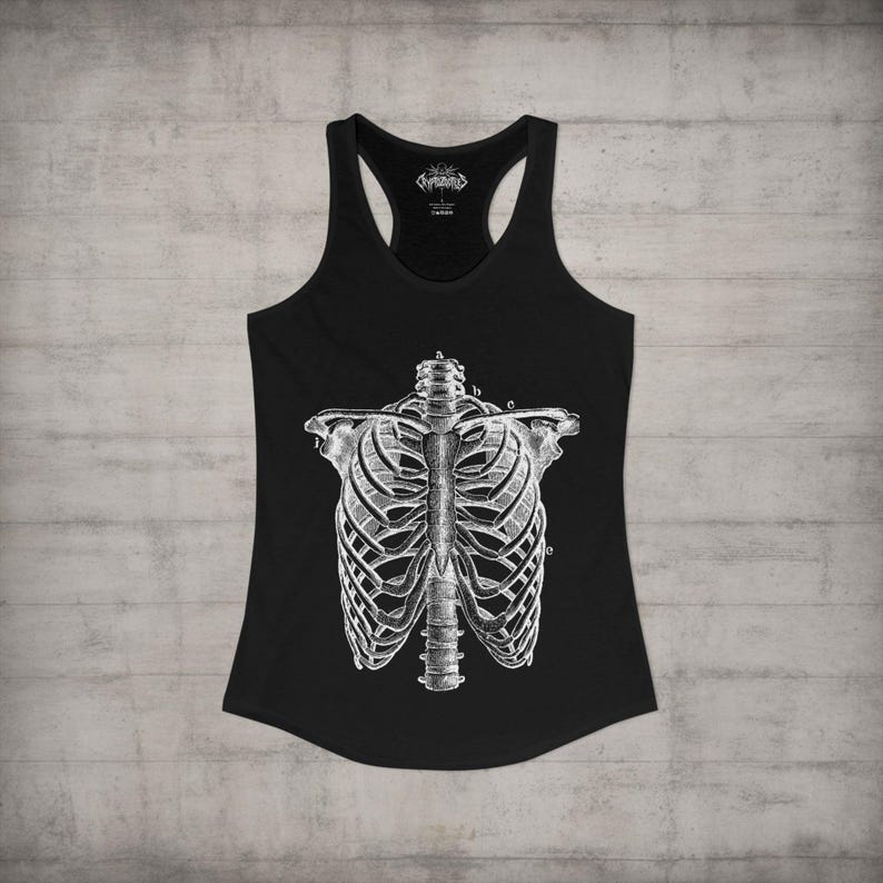 Horror T-shirt Skeleton Ribcage Metal Grunge Emo Alternative Goth Gothic Punk Tee Dark Aesthetic Spooky Skeleton Graphic Halloween Bones Racerback Tank Top