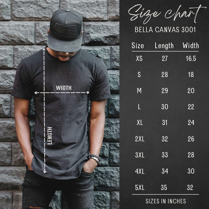 May include: Size chart for Bella Canvas 3001 t-shirts, showing measurements in inches for XS to 5XL sizes. The chart shows the length and width of each size.