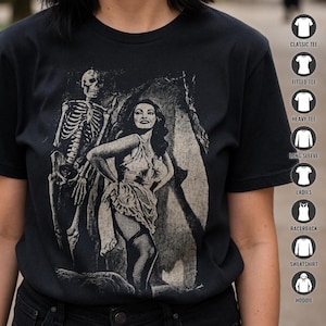 Horror T-Shirt Pin Up Babe Skeleton Shirt Gothic Graphic Tee Black Tee Retro Horror Tee Gift For Goth Girl Unisex Ladies Long Sleeve Hoodie