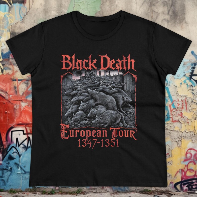 Black metal shirt for ladies featuring a death metal-inspired design with a plague doctor and rats. European tour-style tee perfect for fans of doom metal, goth fashion, deathrock hoodies, and dark aesthetics.