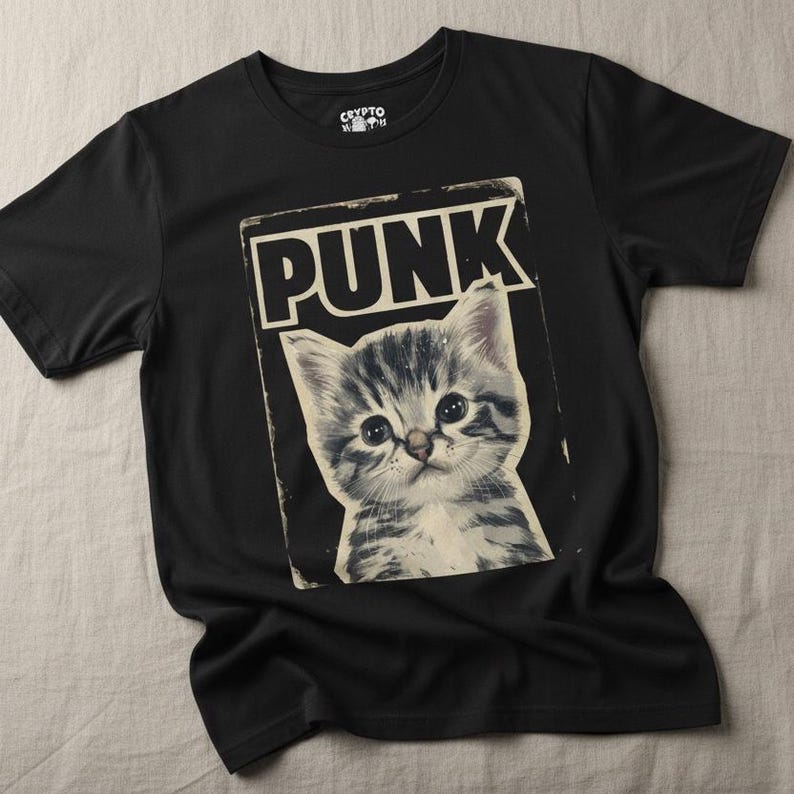 Puede incluir: Una camiseta negra de manga corta con un estampado gr&aacute;fico rectangular de un gatito atigrado. La palabra PUNK est&aacute; impresa en letras may&uacute;sculas negras grandes sobre el gatito. La etiqueta interior del cuello muestra el texto CRYPTO.