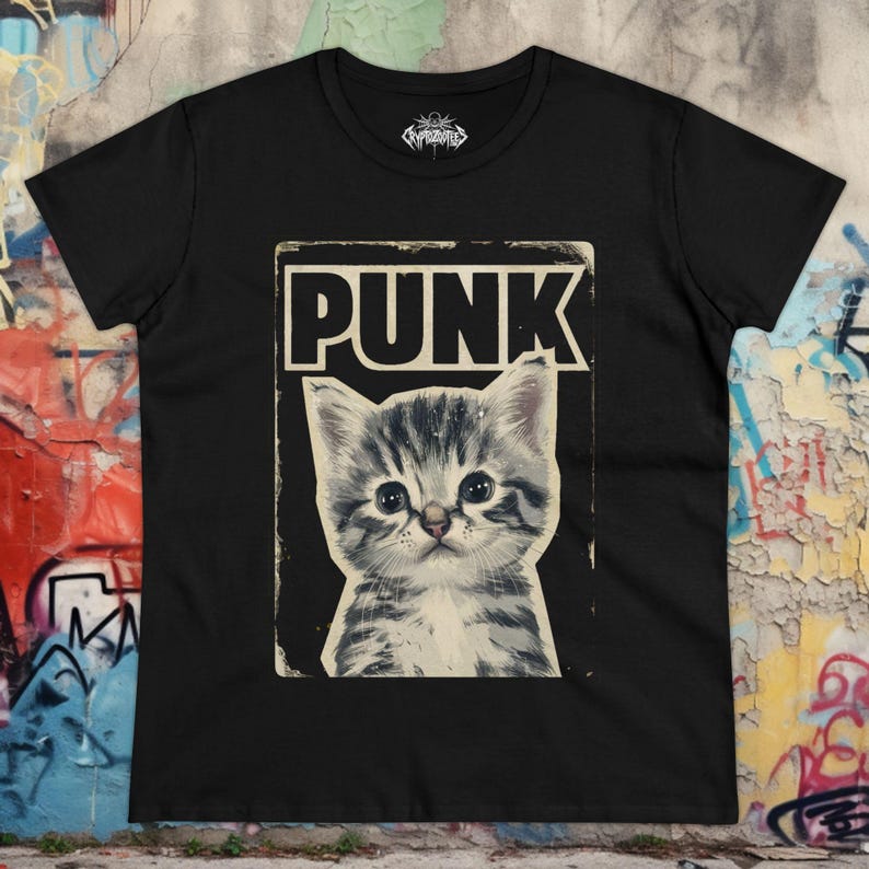Punk Kitten T-shirt | Bella Canvas Shirt | Punk Rock Cat Kitty Tee | Feline Rebel Top | Goth Pet Lover Gift | Black Shirt Ladies Hoodie Tank imagen 6