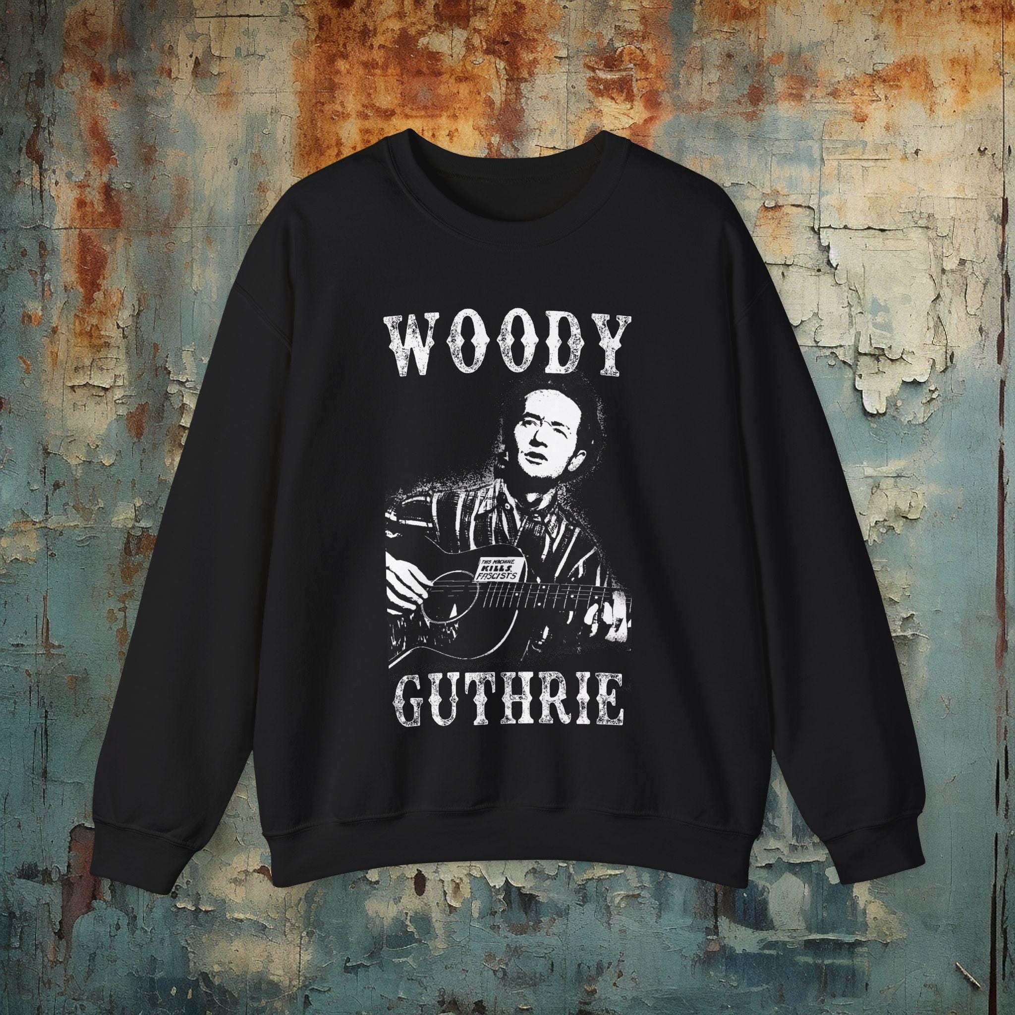Woody Guthrie T-shirt This Machine Kills Fascists Tee Black Guitar 