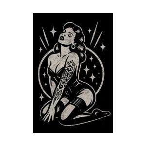 Pin Up Girl Wall Art Tattoo Flash Print Rockabilly Poster Retro Black Ink Art Vintage Style Home Decor Gift For Tattoo Lover