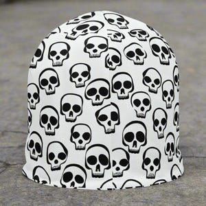 Skull Beanie Hat, White All-Over Print, Unisex Knit Hat, Winter Skull Cap, Streetwear Style, Soft Warm Beanie, Bold Design, Cold Weather Hat