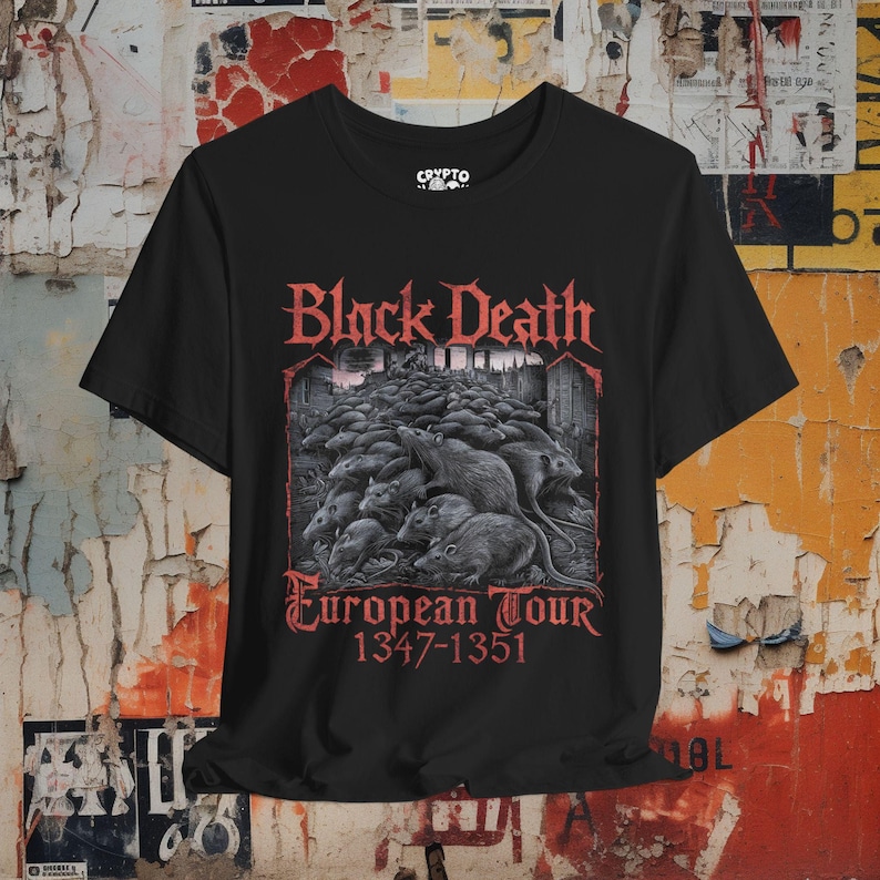Black death metal shirt featuring a plague doctor and rats design, inspired by European tour aesthetics. Available in t-shirts, hoodies, sweatshirts, and long sleeves, perfect for doom metal, goth, and deathrock fans.