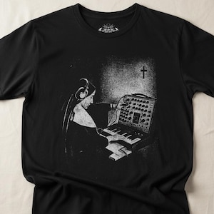 Synth T-Shirt Forgive Me For My Synths Tee Nun Keyboard Graphic Shirt Black Tee Retro Electro Style Music Tee Gift For Synth Fan