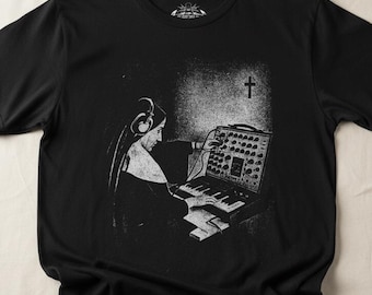 Synth T-Shirt Forgive Me For My Synths Tee Nun Keyboard Graphic Shirt Black Tee Retro Electro Style Music Tee Gift For Synth Fan