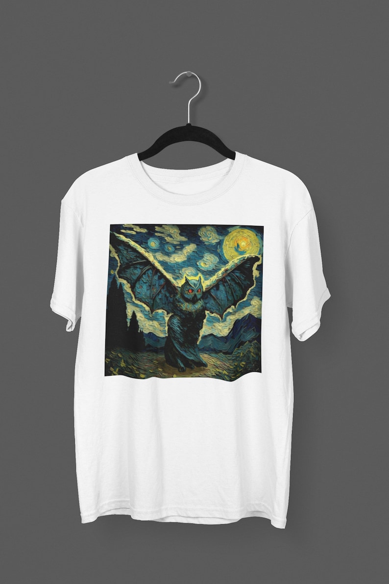 Maglietta Mothman Maglietta nera Notte stellata Maglietta Cryptid Maglietta Gothic Punk Horror Mothman Rockabilly Regalo per fan Cryptid Bigfoot Mothman immagine 3