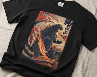 Japanese Godzilla Woodblock Style Shirt | Bella + Canvas Unisex Tee | Retro Horror Monster T-shirt | Kaiju Fan Top | Unique Gift Idea