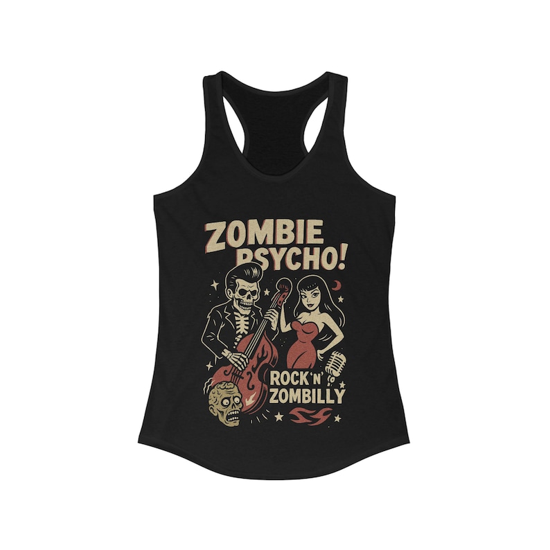 Psychobilly T-Shirt Zombie Rockabilly Tee Upright Bass Graphic Shirt Tee Horror Punk Gift For Fan Unisex Ladies Long Sleeve Hoodie Racerback Tank Top